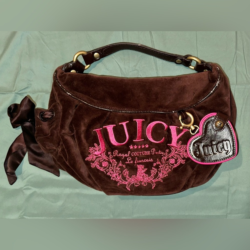 Juicy Couture - Vintage Y2K Brown and Pink Velvet Bag - W/ Bow and Charm